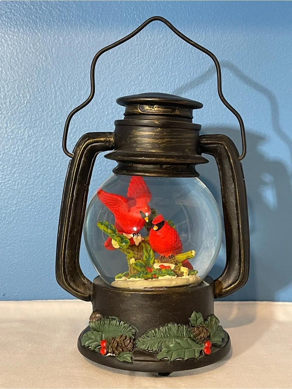 Vintage-Style Black Lantern Snow Globe with Red Cardinals